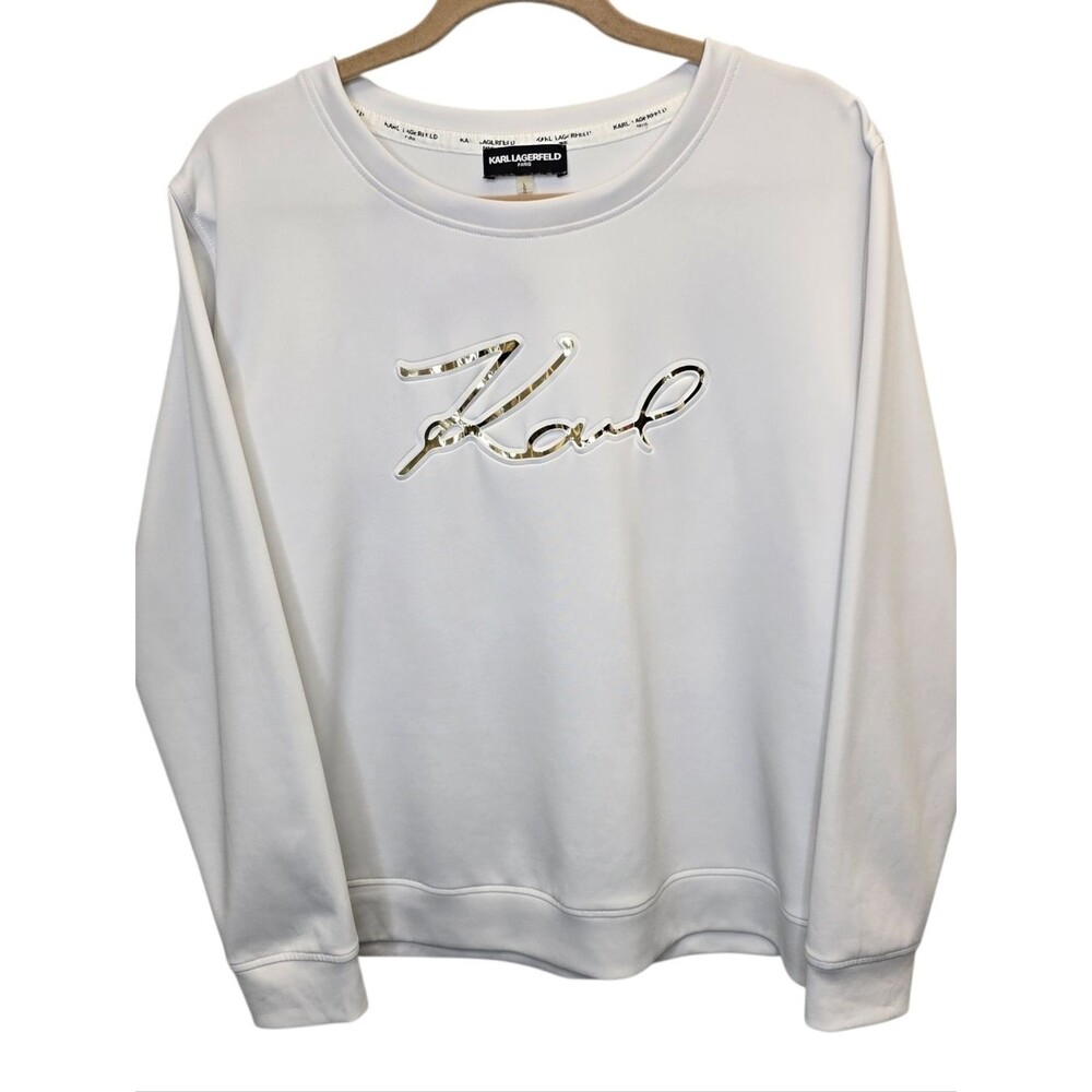 Karl Lagerfeld Women's L White Crewneck Gold Script Signature Logo Sweatshirt